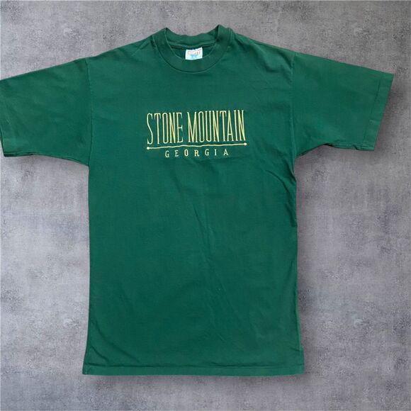 Hefty Vintage 90s Stone Mountain Georgia Embroidered Tee Green Gold Men's Small - Picture 1 of 8